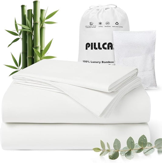 Luxury Organic Tencel & Viscose from Bamboo Cooling Sheet Set,Silky Soft Lyocell Sheets with Deep Pocket, Hypoallergenic & Breathable Bedding with Pillowcases (White, Queen)