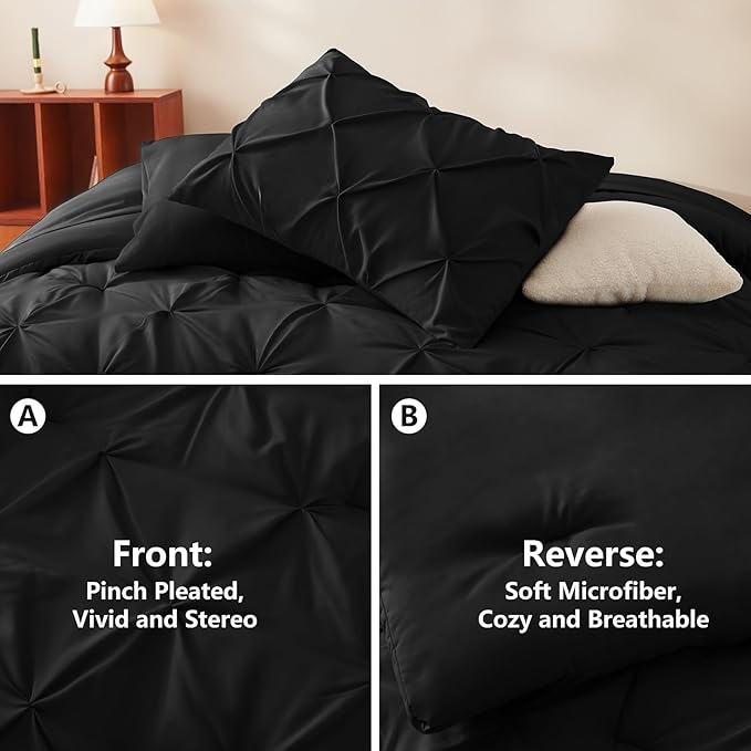 CozyLux Twin Comforter Set with Sheets Black, 5 Pieces Pintuck Bed in A Bag, Twin Bed Set Gift for Family, Pinch Pleat Bedding Set with Comforter, Sheets, Pillowcase & Sham