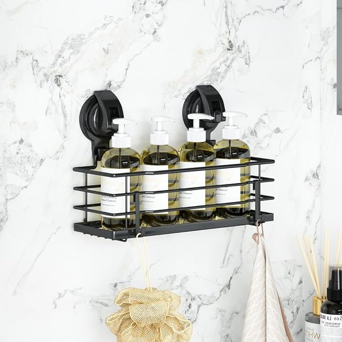 TESOT Suction Cup Shower Caddy, Shower Shelf Soap Dish with Hooks for Razor, Sponge, Rust Proof 304 Stainless Steel, Black - Image 3