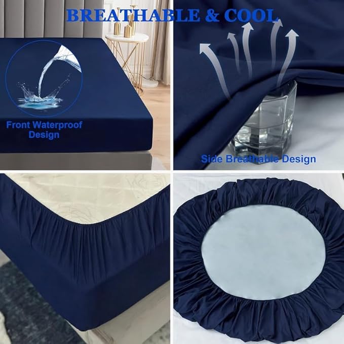 1 Piece Waterproof Mattress Protector Alberta King Size Fits Up to 18" Inch Deep Pocket Pad Cover Fitted Style Super Soft Terry Fabric Vinyl-Free Navy Blue Solid