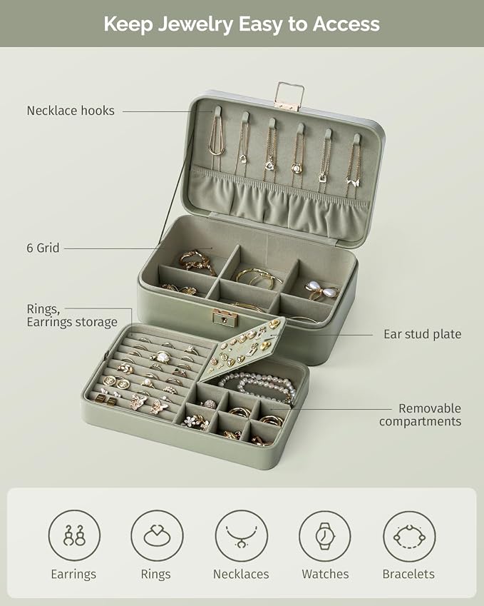 Jewelry Box, 2-Layer Jewelry Holder Organizer with Lock, Removable Jewelry Tray for Earrings Necklaces Bracelets, Green - Image 2