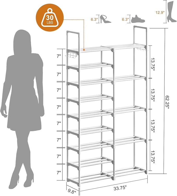 WOWLIVE 9 Tiers White Shoe Rack for Closet Shoe Rack Storage Organizer for Entryway 30-35 Pairs Stackable Shoe Shelf for Front Entrance Metal Pipes with Plastic Connectors - Image 3
