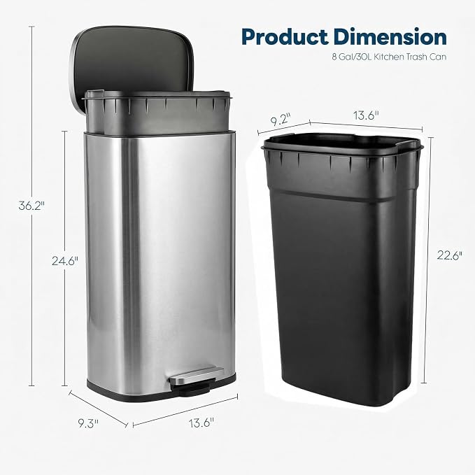 8 Gal Kitchen Trash Can, 30L Recycling or Garbage Bin, Brushed Stainless Steel Waste Basket, Soft&Quiet Close Dustbin, with Step-On Pedal, Removable Inner Bucket, for Home, Office, Living Room - Image 2