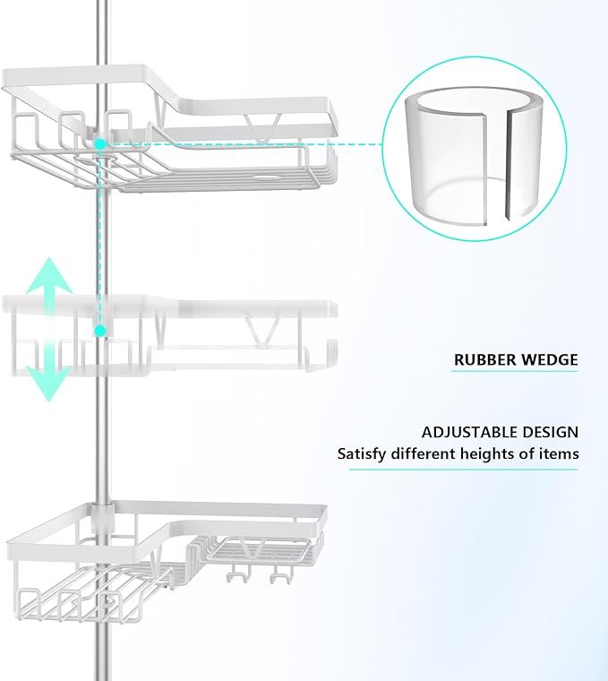 DAOYA Shower Caddy Tension Pole Corner - Stainless Steel Bathroom Organizer White Tension Rod Shower Shelves for Tub(22-114.2inch), Renter Friendly - Image 3
