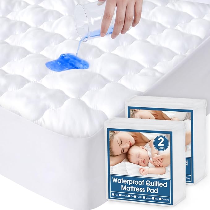 2 Pack Full Size Mattress Protector Pad Waterproof Quilted, Breathable & Cooling Full Mattresses Pad Cover Fitted with Deep Pocket Up to 14" for Double Bed, (White)