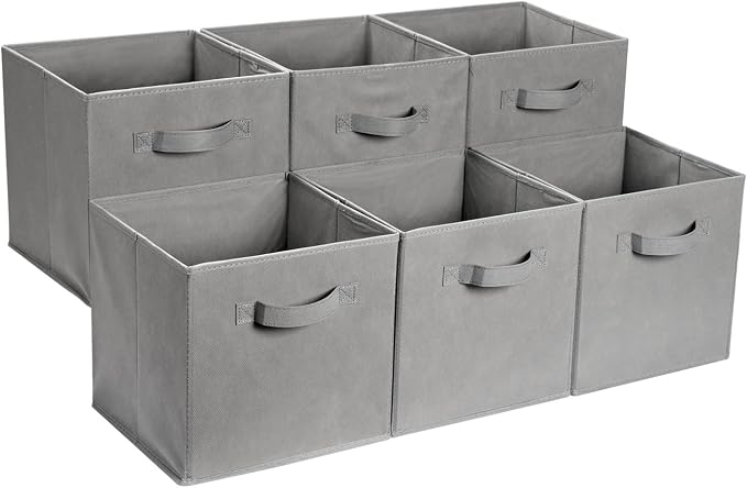 Amazon Basics Collapsible Fabric Storage Cube Bins Organizer with Handles for Organizing, Sturdy, Gray, 13 x 13 x 13 inch, 6-Pack by AmazonBasics