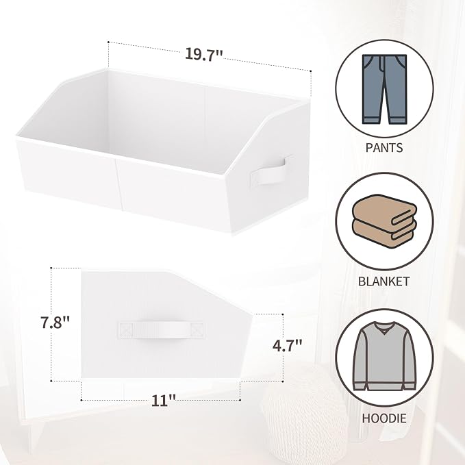 Homsorout Storage Bins for Shelves - Large Trapezoid Closet Shelf Organizer, Fabric Organization Bins with Handles, Storage Baskets for Clothes, Towel, Purse, 6 Pack, White - Image 3