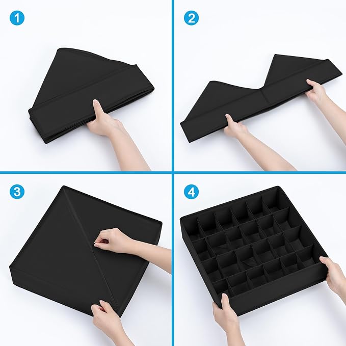 Underwear Organizer 4 Pack, 24 Cell Sock Drawer Organizer Divider, Sock and Underwear Drawer Organizer Foldable Tie Organizer for Socks, Underwear, Belts, Ties. (Black) - Image 3