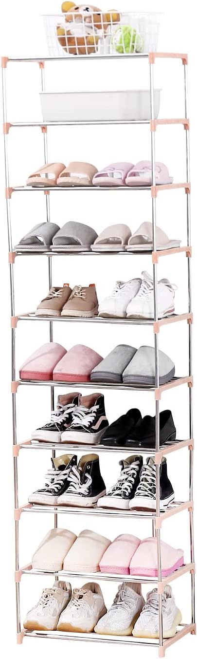 Jucaifu Stackable Small Shoe Rack, Entryway, Hallway and Closet Space Saving Storage and Organization (10-Tier, Pink) by Jucaifu