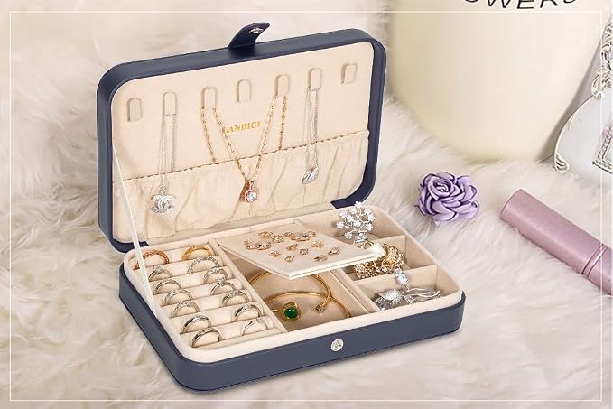 LANDICI Small Jewelry Box for Women Girls, PU Leather Travel Jewelry Case, Portable Jewelry Organizer Storage Holder Display for Ring Earrings Necklace Brooch Men Kids Gift, Dark Blue - Image 8