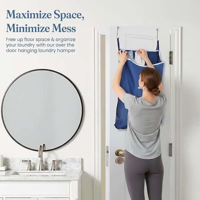 Fine Living Large Hanging Laundry Hamper with Over Door Hooks & Adhesive, Durable Space Saving Laundry Bag with Zipper and Wide Open Top, Hanging Dorm Laundry Hamper 18"x4.75"x28" (Navy Blue-L) - Image 3