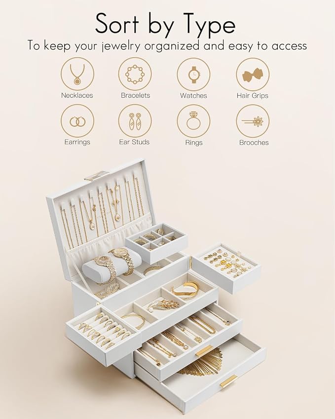 VLANDO 4 Layers Jewelry Box - Women Jewelry Box with Retractable Tray - Jewelry Organizer with Drawer for Necklaces, Rings, Bracelets, Earrings, Gift for Couples Mom Girls - White - Image 3