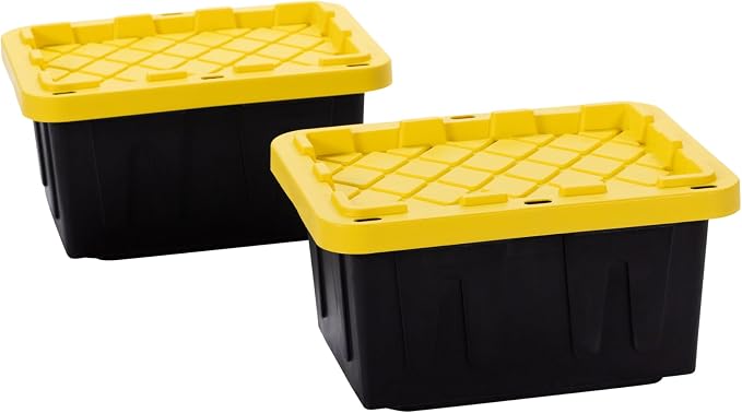 Plastic 5-Gallon Storage Tote with Lockable Lid, Stackable Tough Regular-Duty Bin for Garage, Tools, and Home Organization (2-Pack) - Black and Yellow by FactoryDirectPartners