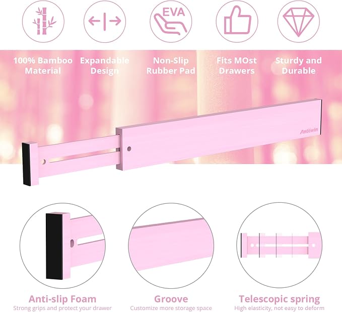 ANTOWIN Expandable Bamboo Drawer Dividers Organizers, Drawer Separators Splitter, 17-22 inches Long Adjustable Spring-loaded Organizer for Large Utensil, Clothes, Tools(Pink) - Image 2