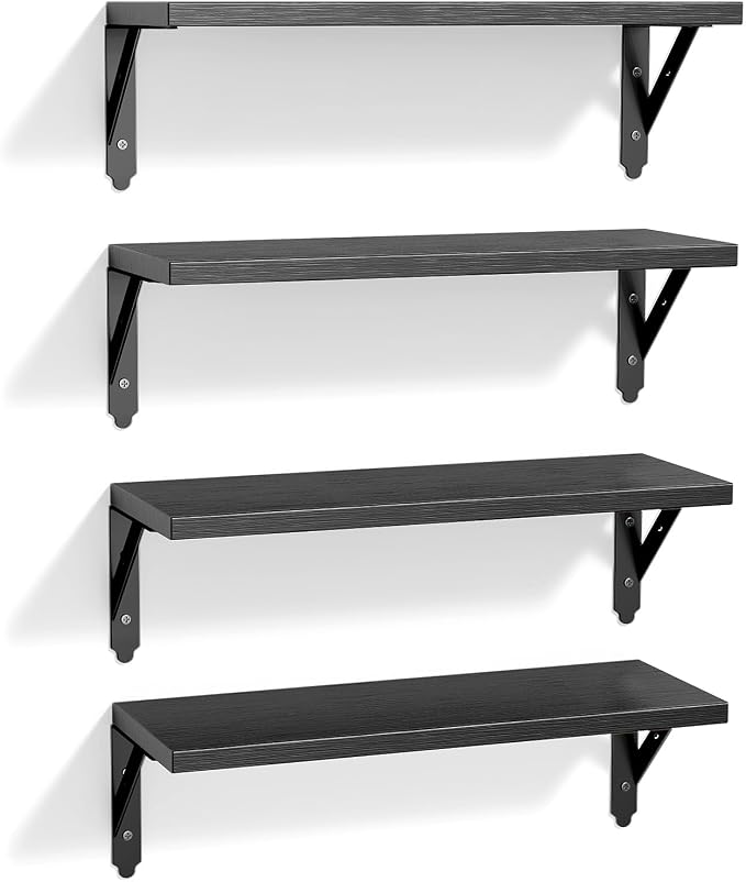 ROMGUAR CRAFT Wood Floating Shelves Set of 4, Rustic Storage Decor Wall Shelves, Wall Mounted Shelf for Living Room, Bedroom 17" x 6", Black - Image 7