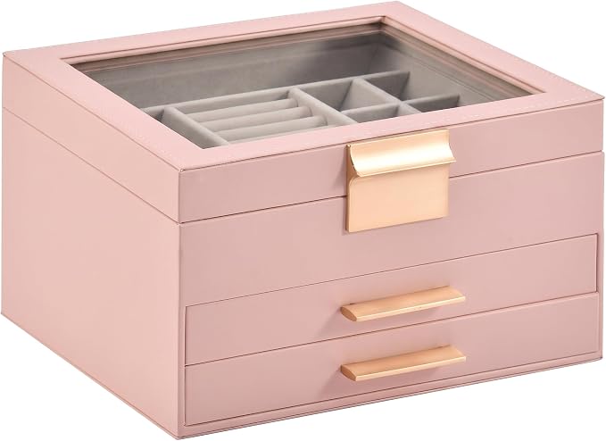 Somduy Jewelry Box Organizer for Women,3 Layers Jewelry Storage Display Box with Glass Lid,Gift for Christmas,3 Drawers,Large Capacity for Necklace Earrings Bracelets Rings,Pink - Image 9