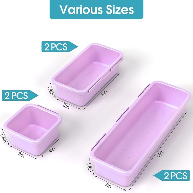 6 PCS Drawer Organizer Set, 3 Size Makeup Drawer Divider Organizer With Non-Slip Pads, Interlocking Plastic Storage Bins for Office,Jewelry Vanity,Gadgets, Bathroom,Kitchen, Purple - Image 2