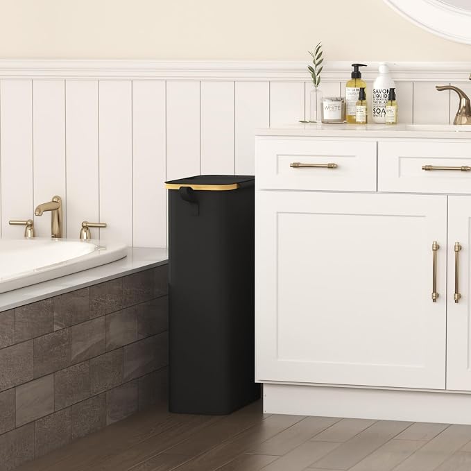 Lifewit 65L Slim Laundry Hamper with Lid, Narrow Laundry Basket with Removable Bag & Bamboo Handles, Fodable Thin Dirty Clothes Hamper for Laundry Collapsible Bin for Bathroom Bedroom Dorm, Black - Image 2