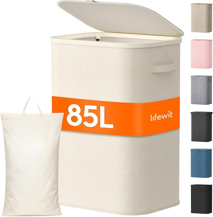 Lifewit 85L Large Laundry Basket with Lid, Laundry Hamper with Plastic Handles and Removable Bag, Foldable Tall Dirty Clothes Hampers for Laundry for Laundry Room, Bedroom, Bathroom, Dorm, White by Lifewit