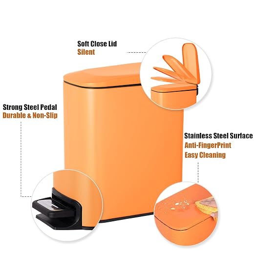 Cesun Small Bathroom Trash Can with Lid Soft Close, Step Pedal, 6 Liter / 1.6 Gallon Stainless Steel Garbage Can with Removable Inner Bucket, Anti-Fingerprint Finish (Matt Orange) - Image 3