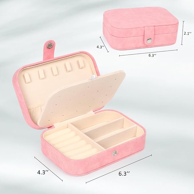 Hatori Travel Jewelry Box, PU Leather Small Jewelry Organizer for Women Girls, Portable Mini Travel Case Display Storage Holder Boxes for Stud Earrings, Rings, Necklaces, Bracelets (Pink Beige) - Image 6