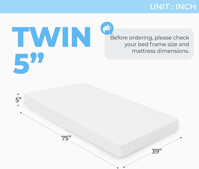 Neo Sleep 5 Inch Twin Cooling Gel Memory Foam Mattress for Cool Sleep Medium Firm Pressure Relief CertiPUR-US Certified Foam, Comfort & Supportive Mattress in a Box No Fiberglass (Twin, 5 in)