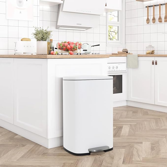 FDW | 13 Gallon Trash Can with Lid | White | Fingerprint-Proof | Made of Brushed Stainless Steel | Soft-Close Step Pedal | Hands-Free Use | Easy to Clean | for Kitchen, Office, Bathroom - Image 6