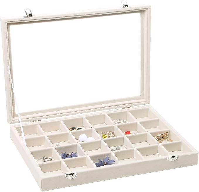Stratalife Jewelry Organizer Jewelry Tray with See-through Lid 24 Grids Earring Display Showcase Large Velvet Storage Box for Earring Necklace Rings Dice Beige by Stratalife