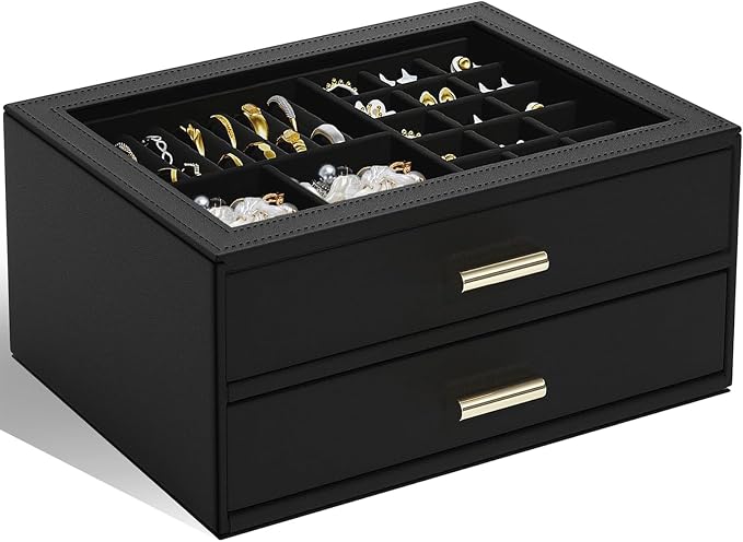 AKOZLIN Jewelry Box with Clear Lid Functional Leather Jewelry Storage Organizer Case 2 Drawers for Women Girls Necklace Ring Bracelet Earring by AKOZLIN