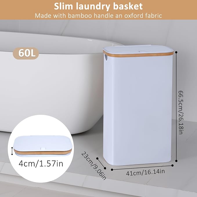 iEGrow 60L Slim Laundry Hamper, Narrow Laundry Basket with Lid,Foldable Clothes Hamper with Bamboo Handles,Hamper Basket with Removable Inner Bag for Laundry Room Bedroom College Dorm,15.85 Gals White - Image 2