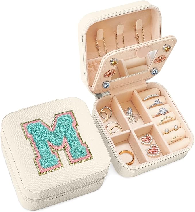 SANDJEST Personalized Jewelry Box, White Travel Jewelry Box with Initial M, Small Monogrammed Jewelry Case Organizer for Girls Women Teen Kids, Mini Travel Essentials Gifts for Birthday Christmas by SANDJEST