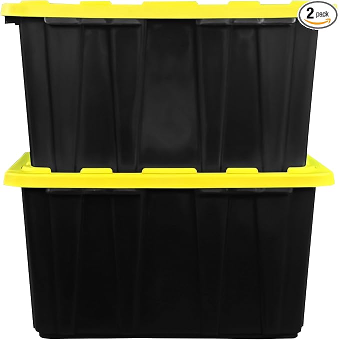 BLACK & YELLOW 27-Gallon Storage Bin with Snap-on Lid, Heavy Duty Plastic Storage Bins with Lid, Stackable, 2 Pack by Unknown