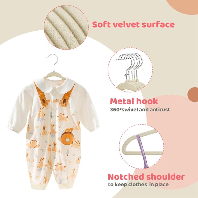 ManGotree 11" Baby Velvet Hangers, Non-Slip Infant Coat Hangers, Ultra-Thin Toddler Felt Hanger with 360° Swivel Hook, Space Saving Children's Hanger for Kids Clothes, 48 Pack (Beige) - Image 3