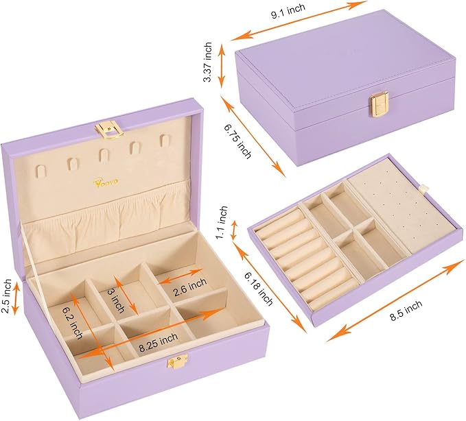 Voova Jewelry Box Organizer for Women Girls, 2 Layer Large Men Jewelry Storage Case, PU Leather Display Jewellery Holder with Removable Tray for Necklace Earrings Rings Bracelets,Vintage Gift,Lavender - Image 5