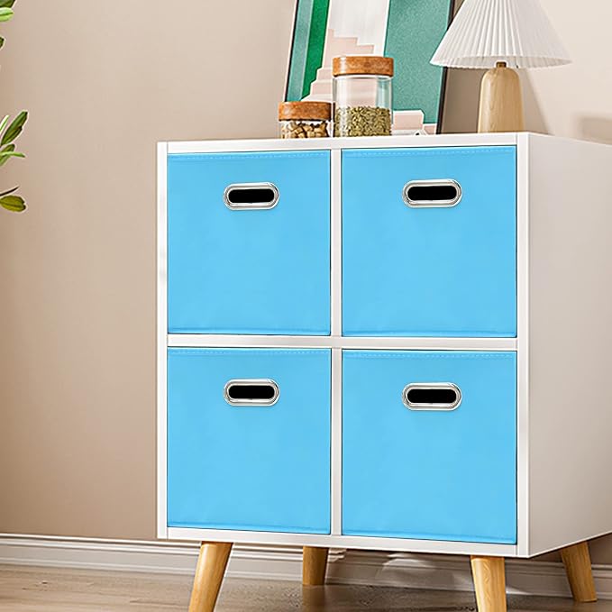 Black Fabric Cubby Storage Bins,13x13x13 Inches ,Cube Organizer Bin Foldable Storage Boxes with Dual Handles Fabric Organizer Box and collapsible Storage basket,Set of 3,Blue - Image 4