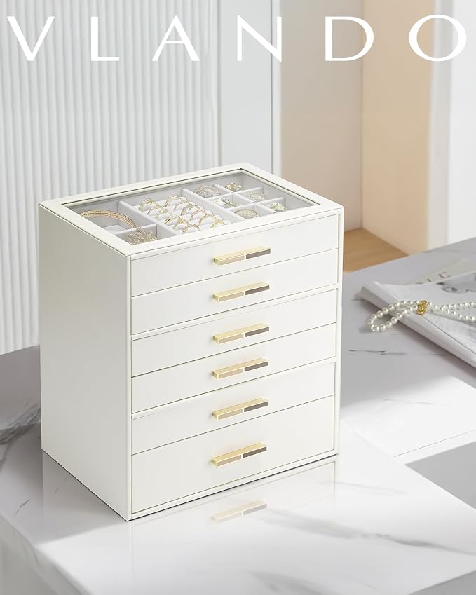 VLANDO 6 Layer Jewelry Box for Women, Glass Lid Jewelry Organizer with 6 Drawers for Necklaces Rings Earrings Bracelets - Cloud White - Image 6