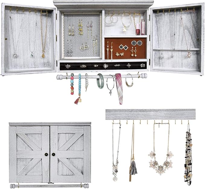Rustic Wall Mounted Jewelry Organizer,Vintage Wooden Hanging Jewelry Holder Box with Barndoor Decor for Necklaces, Earings, Bracelets, Rings, Accessories. Includes Hook Organizer by MULIFEE