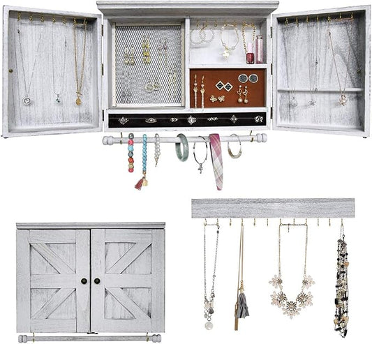 Rustic Wall Mounted Jewelry Organizer,Vintage Wooden Hanging Jewelry Holder Box with Barndoor Decor for Necklaces, Earings, Bracelets, Rings, Accessories. Includes Hook Organizer by MULIFEE