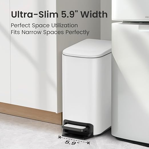 Cesun Small Bathroom Trash Can with Lid Soft Close, Step Pedal, 6 Liter / 1.6 Gallon Stainless Steel Slim Garbage Can for Bedroom, Diaper Waste Basket with Removable Inner Bucket (White) - Image 2