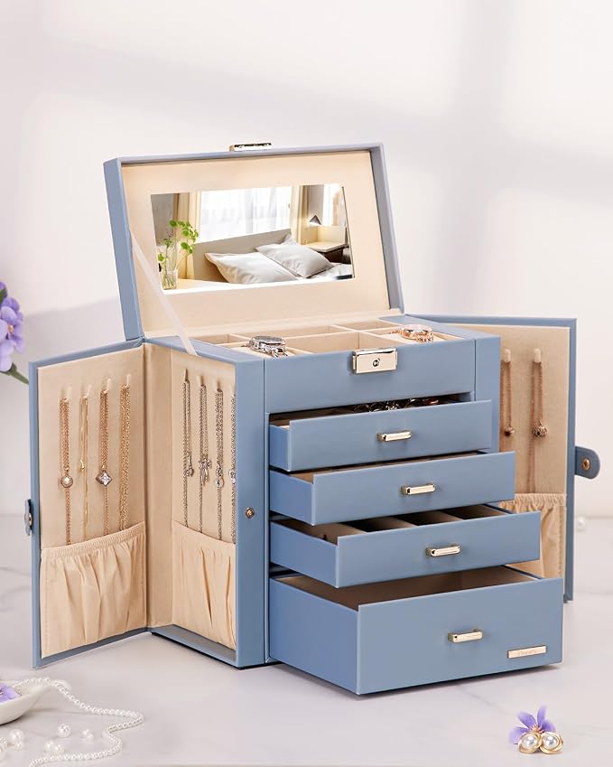 Homde Synthetic Leather Huge Jewelry Box Mirrored Watch Organizer Necklace Ring Earring Storage Lockable Gift Case (Grey Blue + Gold) - Image 9