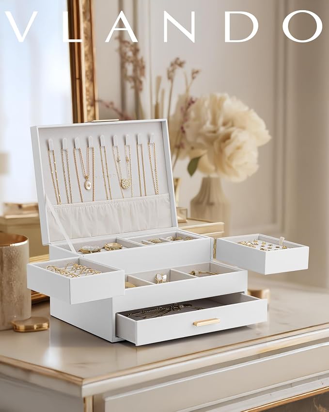 Vlando 3 Layer Jewelry Box - Women Jewelry Box with Retractable Tray - Jewelry Organizers with Drawer for Necklaces, Rings, Bracelets, Earrings, Gift for Couples Mom Girls - White - Image 2