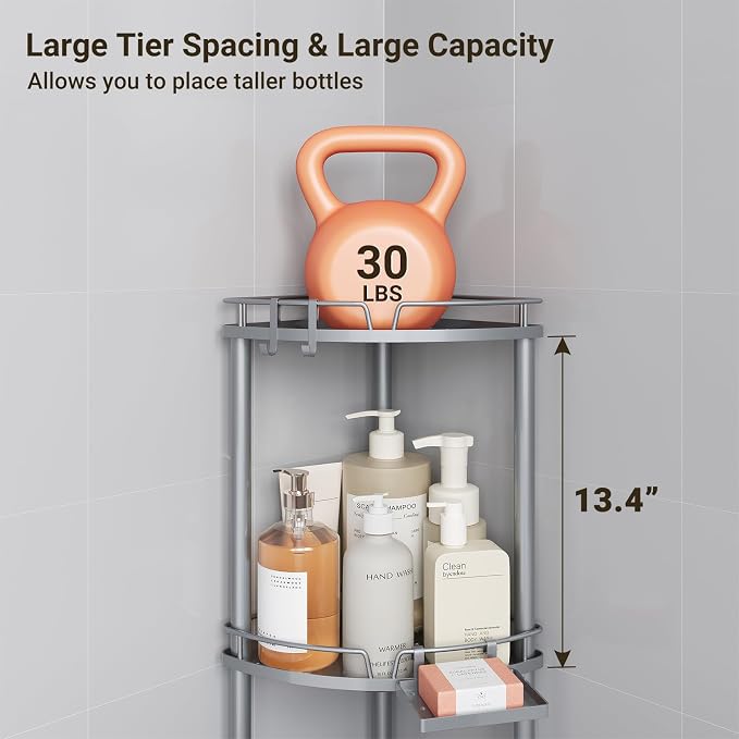 ELYKEN Corner Shower Caddy Standing, 3 Tier Rustproof Metal Shower Organizer with Soap Holder, Floor Shower Corner Shelf Rack Storage Stands with Adjustable Feet & 2 Hooks for Bathroom, Silver - Image 5