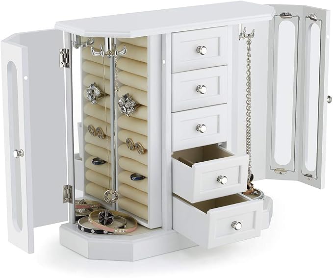 RR ROUND RICH DESIGN Jewelry Box - Made of Solid Wood with Cabinet Type 5 Drawers Organizer and 2 Separated Open Doors on 2 Sides and Large Mirror White - Image 2