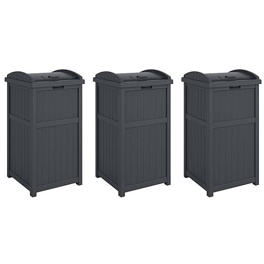 Suncast 3 Pack Trash Hideaway Refuse Container, Stylish Resin Outdoor Garbage Bin with Latching Lid, 30 to 33 Gallon Capacity, Cyberspace by Suncast