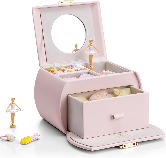 VLANDO Kids Musical Jewelry Box for Girls with Drawer, Music Box with Ballerina and Stickers for Birthday Bedroom Decor, Gifts for Girls Kids Christmas Thanksgiving Gifts 2024 - Light Pink by VLANDO
