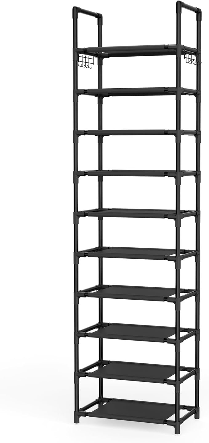 LANTEFUL 10 Tiers Shoe Rack 25 Pairs Large Capacity Tall Shoe Organizer Sturdy Shoe Storage with Two Hooks Space Saving Metal Narrow Shoe Rack for Closet, Entryway, Bedroom, Black - Image 8