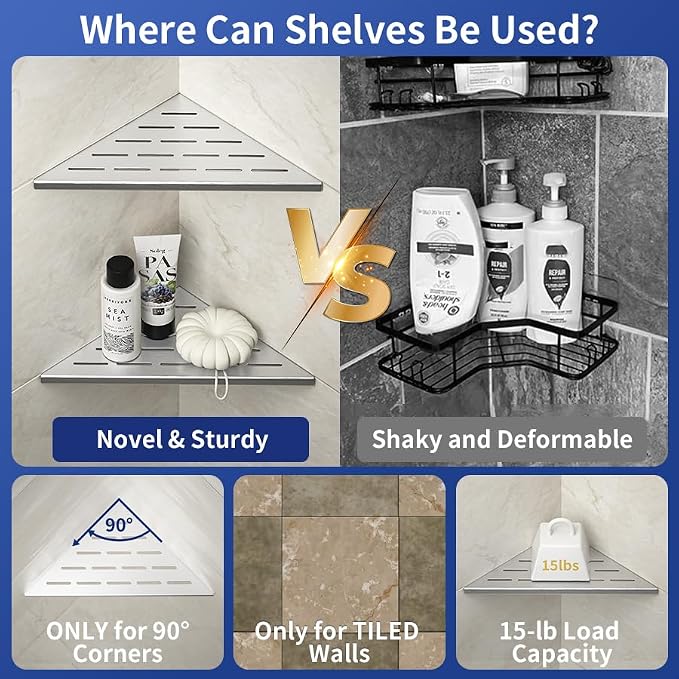 Corner Shower Shelf 10", Brushed 304 Stainless Steel Slot Design Recessed Corner Shelves Bathroom Grout in Shelf for Tiled Wall, 2 Pack - Image 4