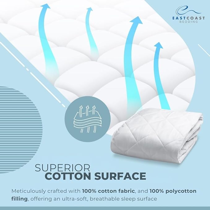 100% Cotton Cover Waterproof Mattress Pad Protector Polyester Filled Quilted Deep Pocket Fits Up to 18 Inches, Full XL