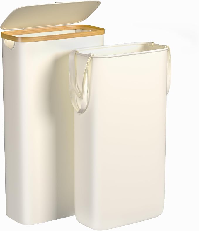 Foluck Slim Laundry Hamper, 60L Waterproof Narrow Laundry Basket with Lid and Removable Bag, Collapsible Tall Clothes Hamper with Bamboo Handles for Clothes Toys in Dorm Bedroom Bathroom, Beige by Foluck