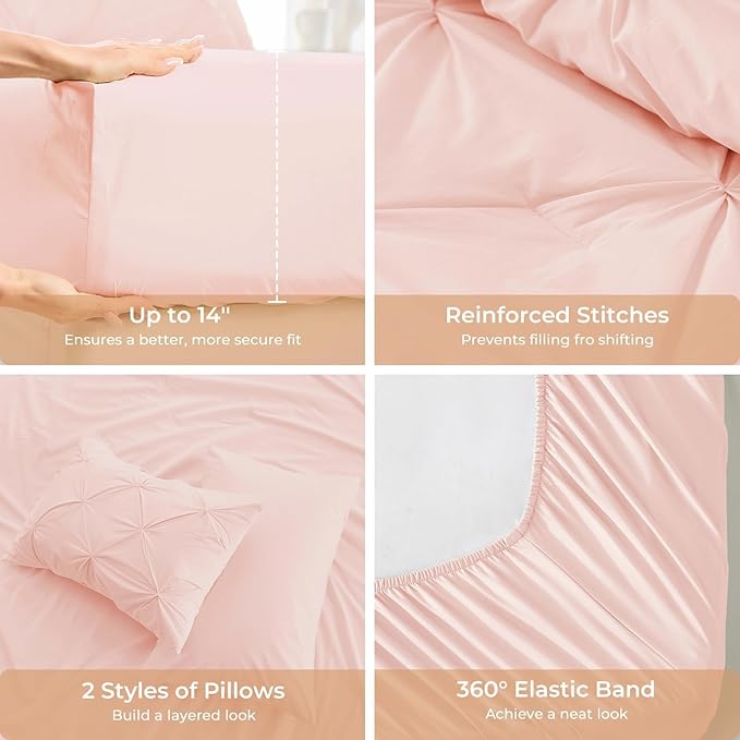 Sasttie King Size Comforter Set, 7-Piece Bed in a Bag, Pintuck Bedding Set for All Season, Includes Comforter, Flat Sheet, Fitted Sheet, Pillowcases and Pillowshams, Blush Pink